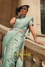 Turquoise Blue Pure Satin Handloom Weaving Banarasi Silk Saree