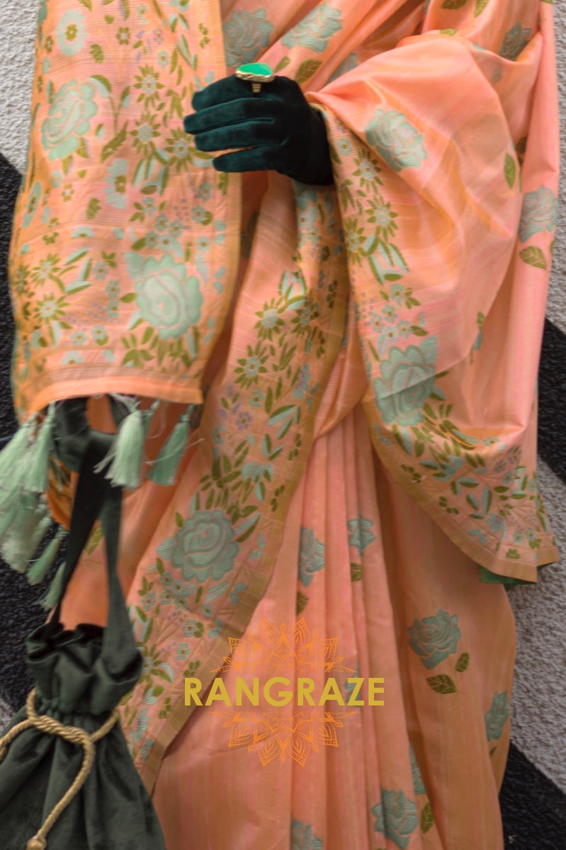 Floral Orange Parsi Weaved Cotton Silk Saree