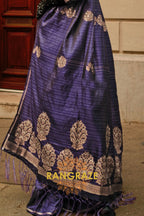 Indigo Blue Pure Satin Zari Lining Handloom Weaving Banarasi Saree