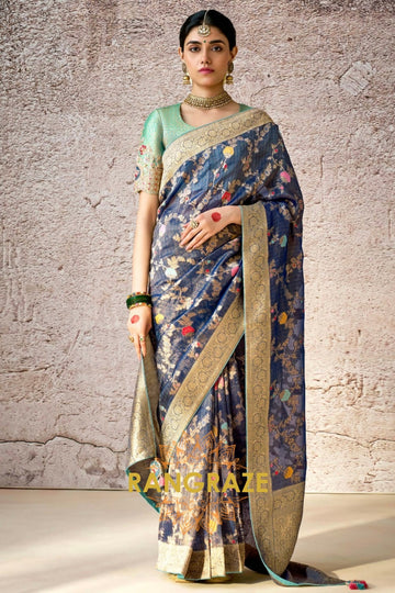 Midnight Royale: Handwoven Kora Banarasi Silk Saree with Embroidered Blouse