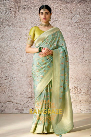 Mint Glow: Handwoven Kora Banarasi Silk Saree with Embroidered Blouse