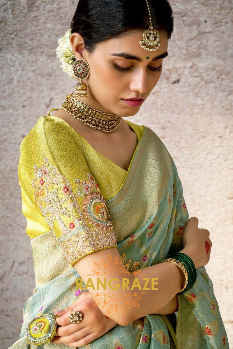 Mint Glow: Handwoven Kora Banarasi Silk Saree with Embroidered Blouse