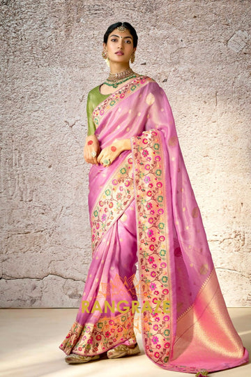 Blush Petals: Handwoven Kora Banarasi Silk Saree with Embroidered Blouse