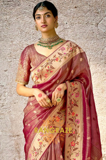 Rosewood Splendor: Handwoven Kora Banarasi Silk Saree with Embroidered Blouse