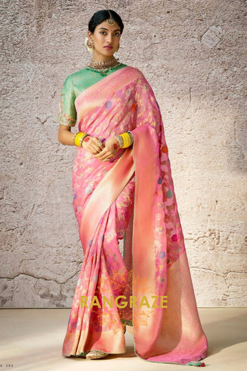 Peach Blossom: Handwoven Kora Banarasi Silk Saree with Embroidered Blouse