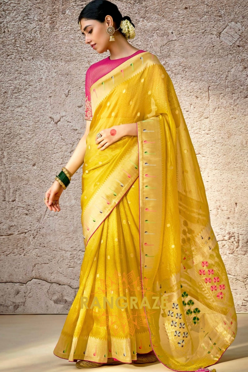 Sunshine Delight: Handwoven Kora Banarasi Silk Saree with Embroidered Blouse