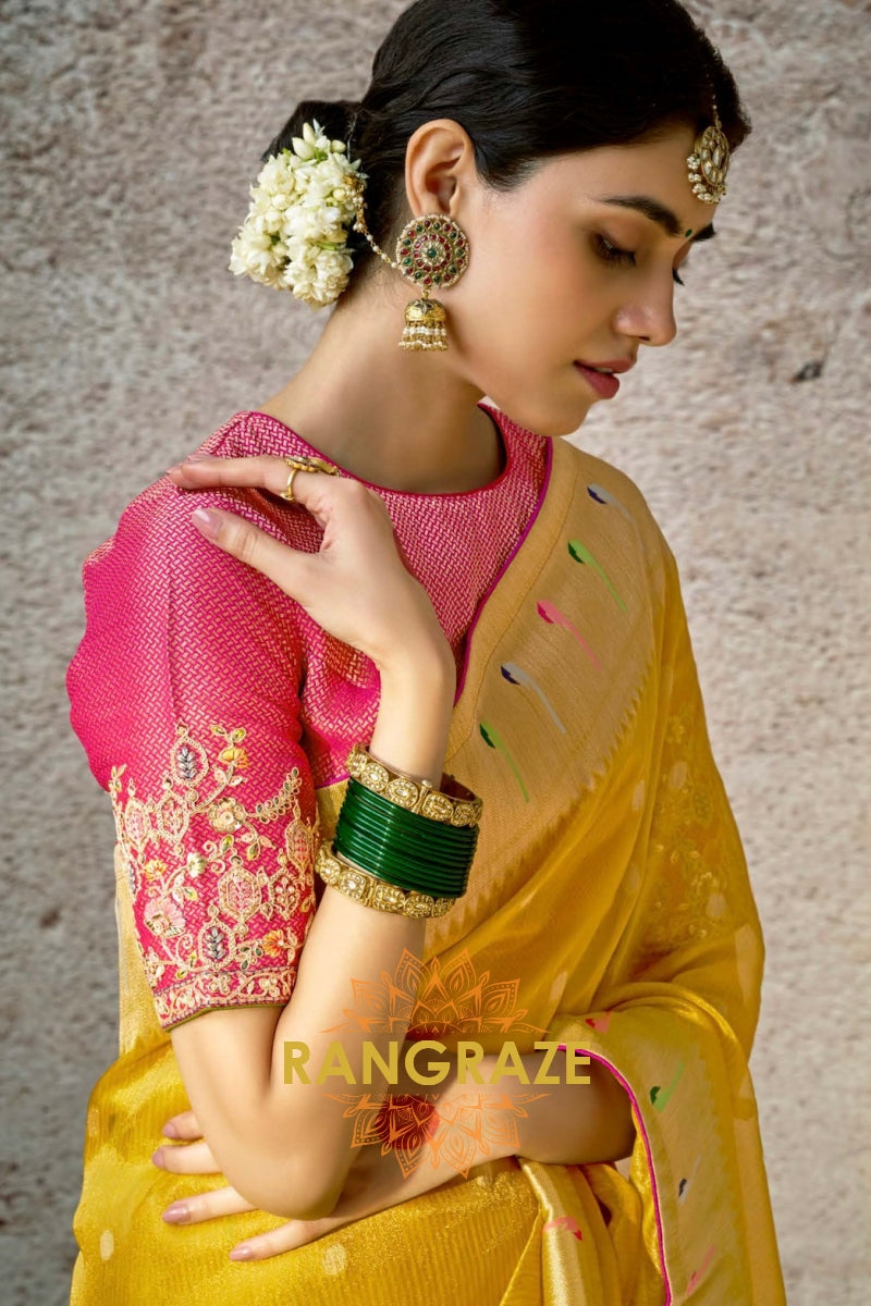 Sunshine Delight: Handwoven Kora Banarasi Silk Saree with Embroidered Blouse