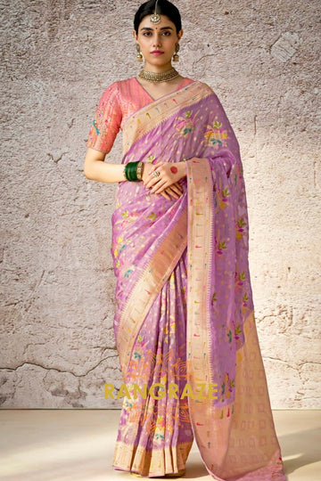 Lavender Hues: Handwoven Kora Banarasi Silk Saree with Embroidered Blouse