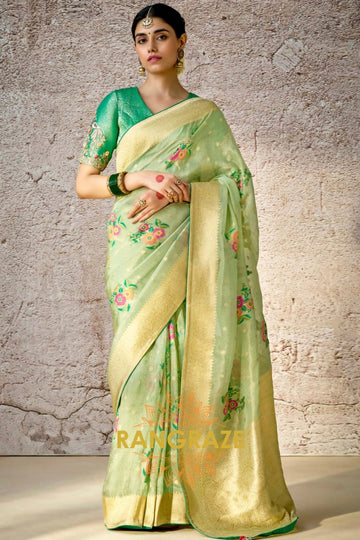 Jade Blossom: Handwoven Kora Banarasi Silk Saree with Embroidered Blouse