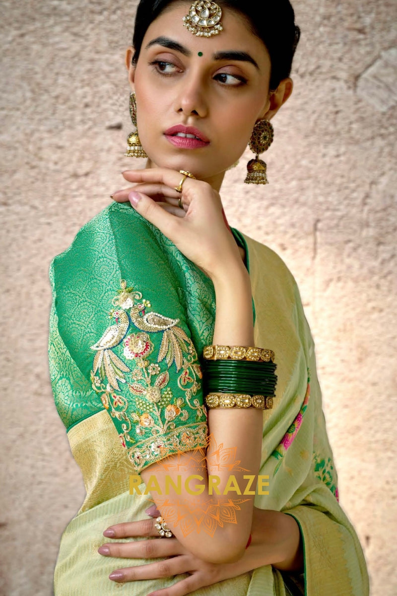 Jade Blossom: Handwoven Kora Banarasi Silk Saree with Embroidered Blouse