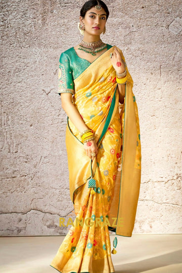 Golden Dawn: Handwoven Kora Banarasi Silk Saree with Embroidered Blouse