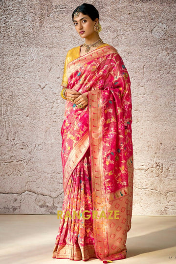 Raspberry Gold: Handwoven Kora Banarasi Silk Saree with Embroidered Blouse