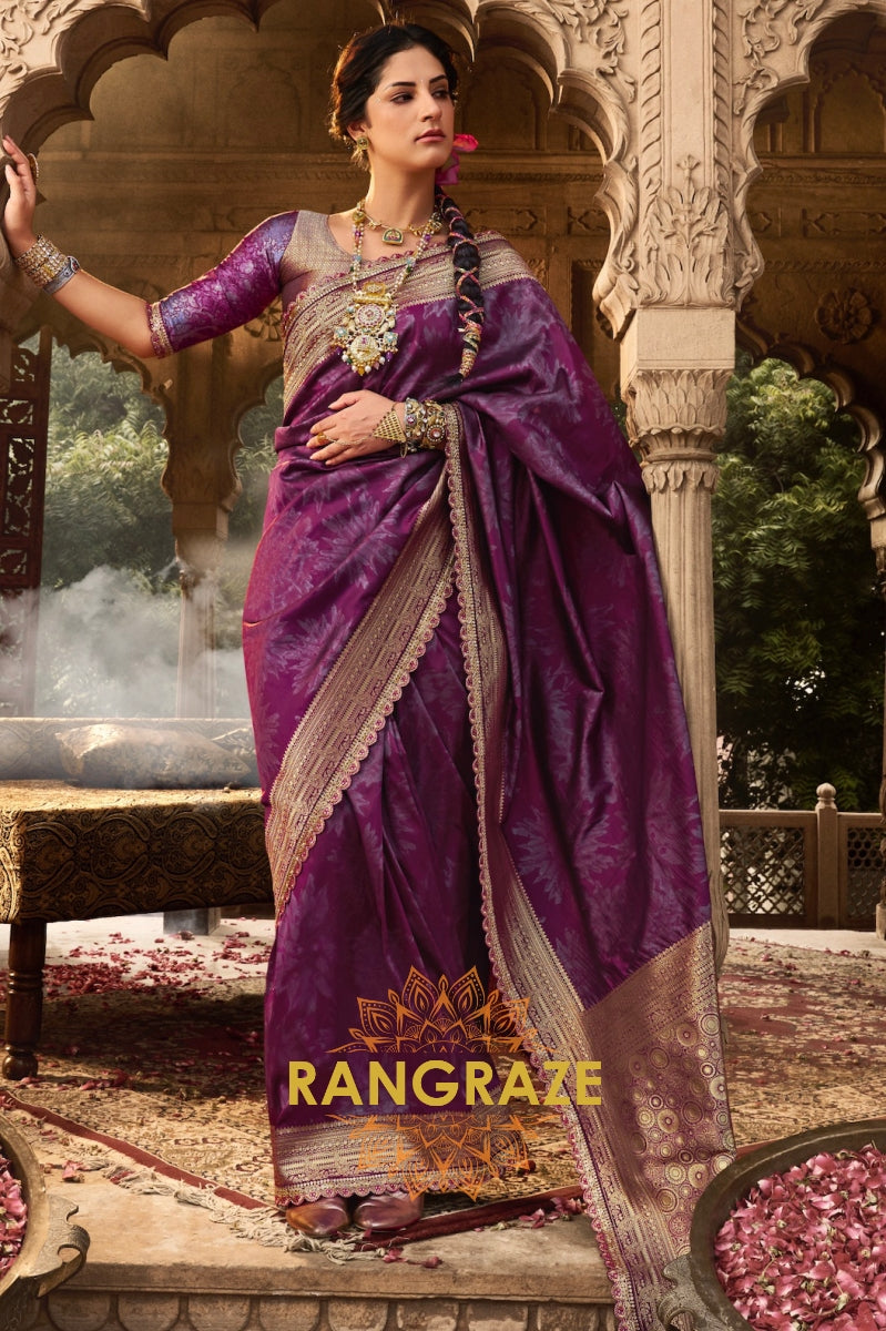 Majestic Plum Banarasi Silk Saree with Ornate Zari Border and Designer Blouse