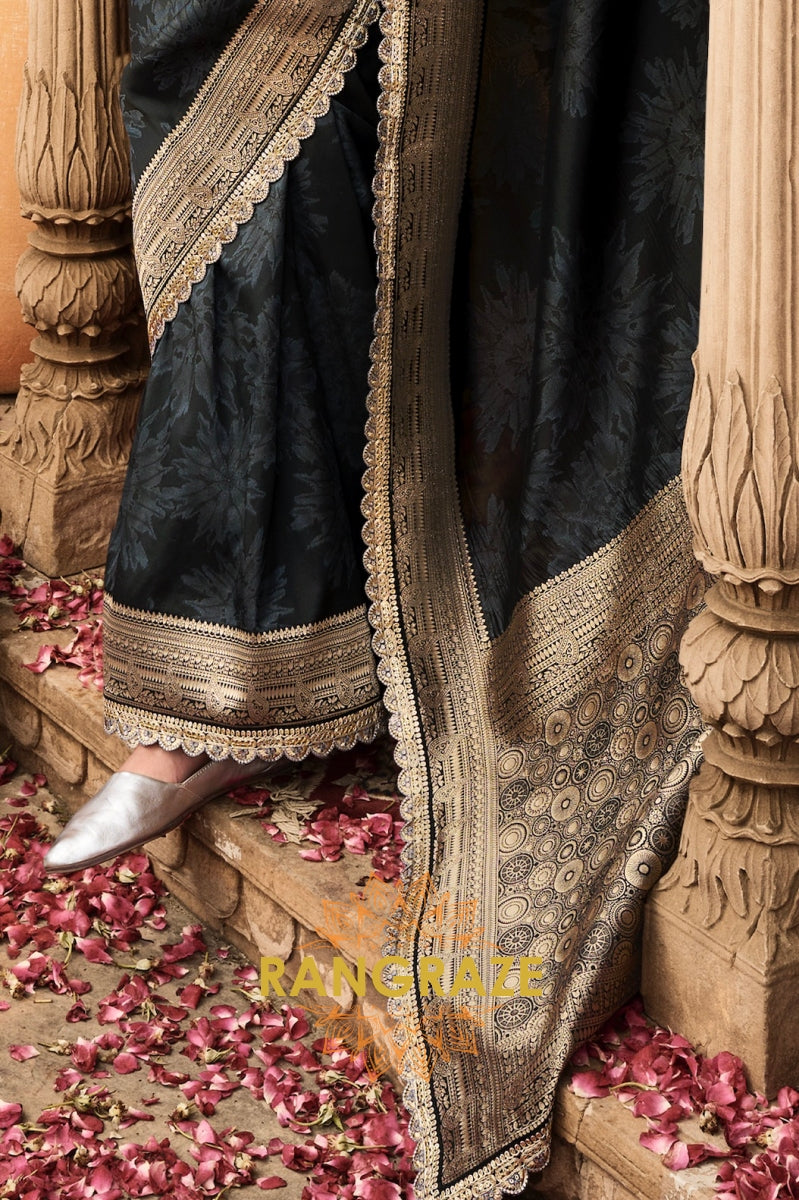 Midnight Black Banarasi Silk Saree with Gold Zari Border and Designer Blouse