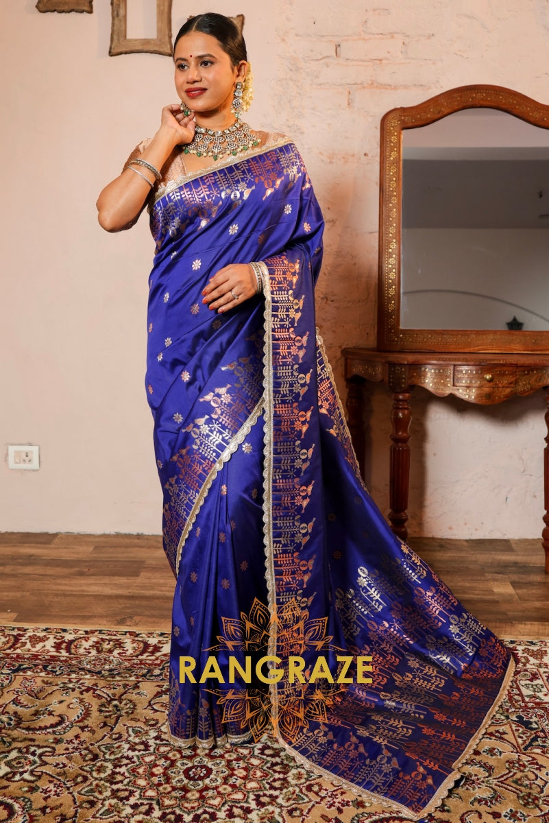 Royal Blue Banarasi Silk Saree with Bird and Floral Motif Zari Work