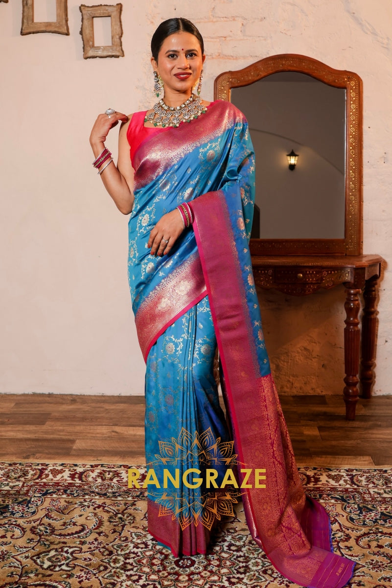 Azure Elegance Banarasi Silk Saree with Meenakari and Zari Grandeur