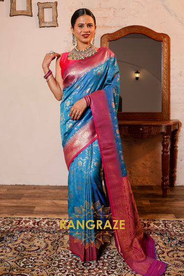 Azure Elegance Banarasi Silk Saree with Meenakari and Zari Grandeur