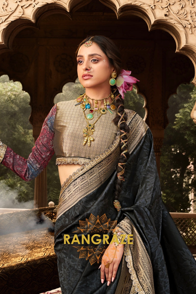 Midnight Black Banarasi Silk Saree with Gold Zari Border and Designer Blouse