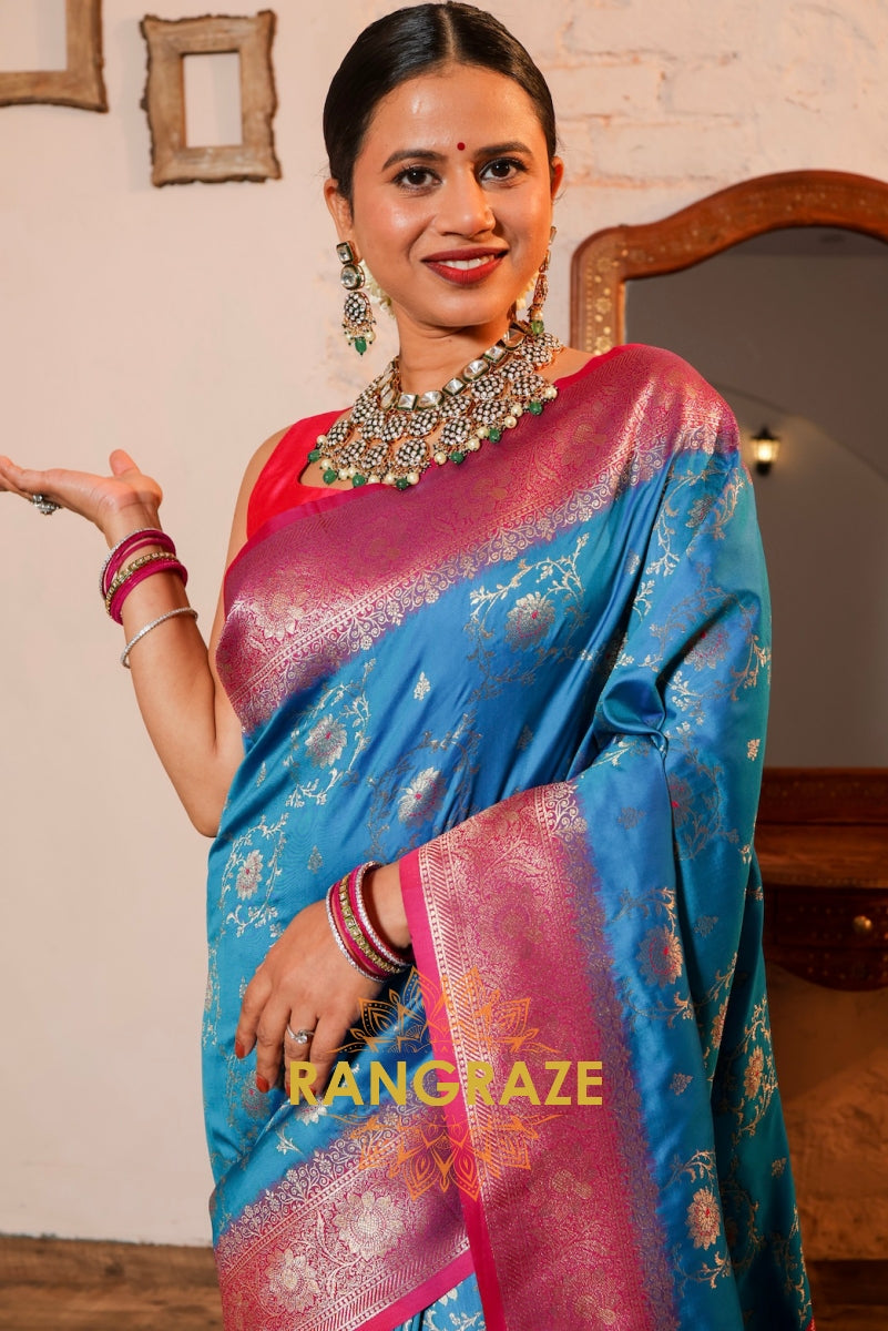 Azure Elegance Banarasi Silk Saree with Meenakari and Zari Grandeur