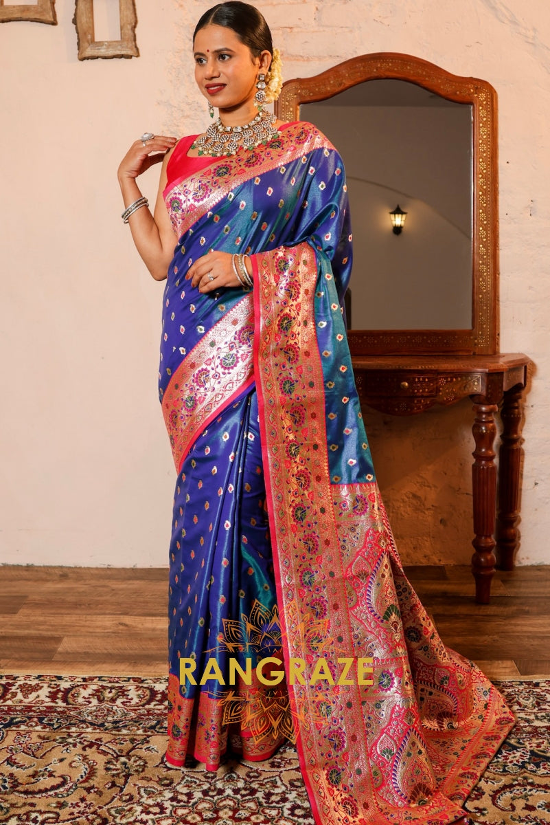 Sapphire Elegance Zari Silk Saree with Scarlet Paisley Grandeur
