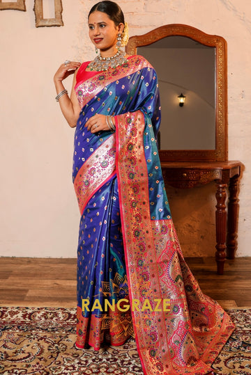 Sapphire Elegance Zari Silk Saree with Scarlet Paisley Grandeur