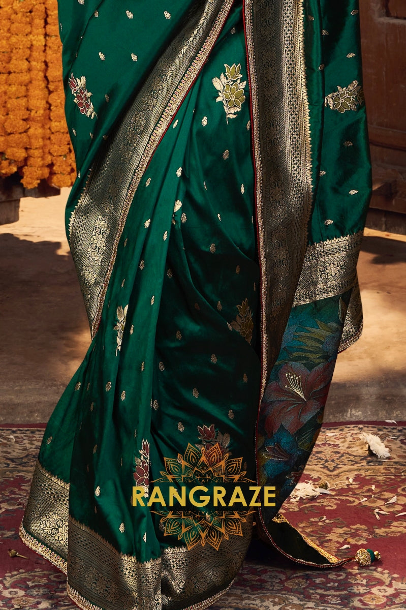 Emerald Green Banarasi Silk Saree with Gold Zari Accents and Detailed Designer Blouse