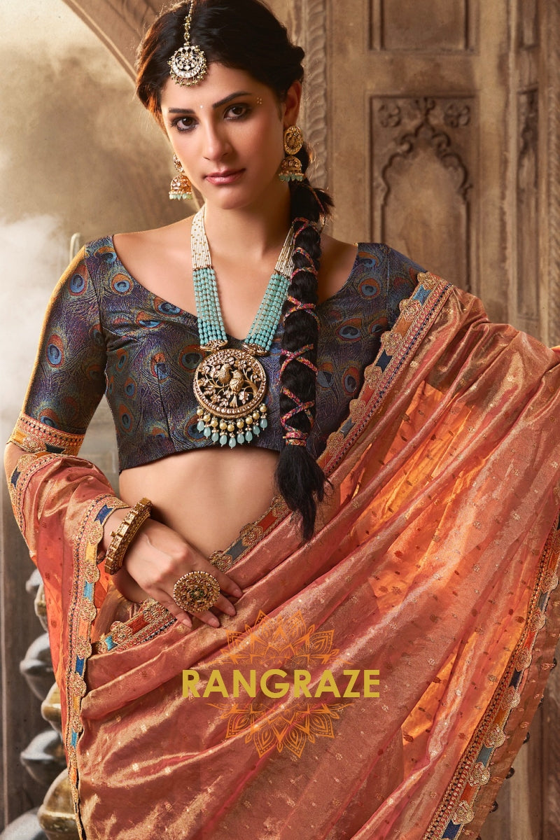 Peach Glow Tissue Saree with Intricate Lace and Designer Embroidered Blouse