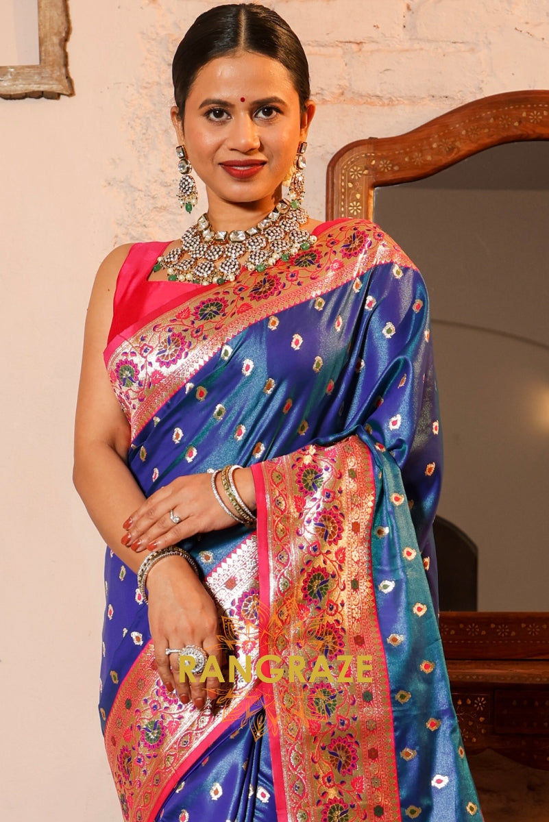 Sapphire Elegance Zari Silk Saree with Scarlet Paisley Grandeur