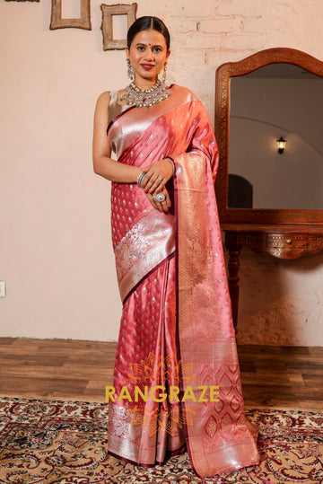 Blush Rose Satin Silk Saree with Lustrous Silver Zari Work