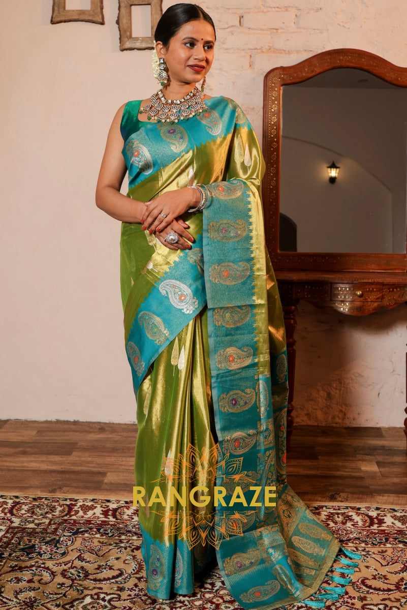 Olive Green and Aquamarine Tissue Silk Saree with Exquisite Paisley Motifs
