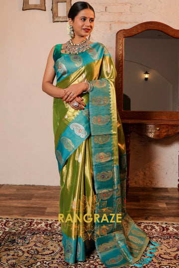 Olive Green and Aquamarine Tissue Silk Saree with Exquisite Paisley Motifs