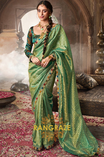 Emerald Green Glow Tissue Saree with Multicolor Lace and Designer Blouse