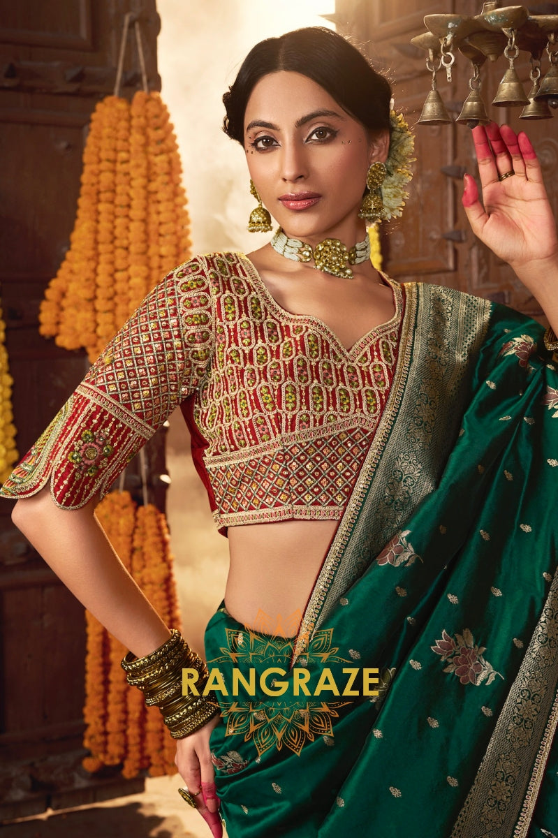 Emerald Green Banarasi Silk Saree with Gold Zari Accents and Detailed Designer Blouse