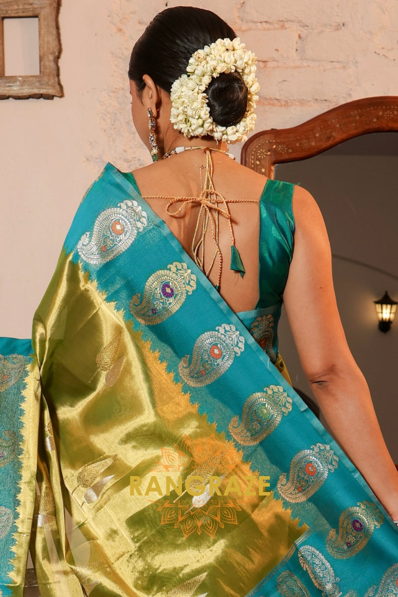 Olive Green and Aquamarine Tissue Silk Saree with Exquisite Paisley Motifs