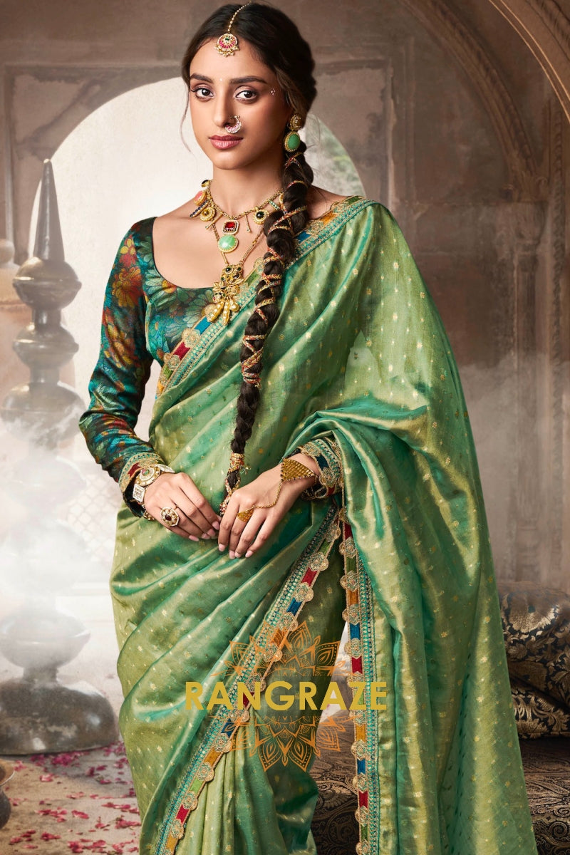 Emerald Green Glow Tissue Saree with Multicolor Lace and Designer Blouse