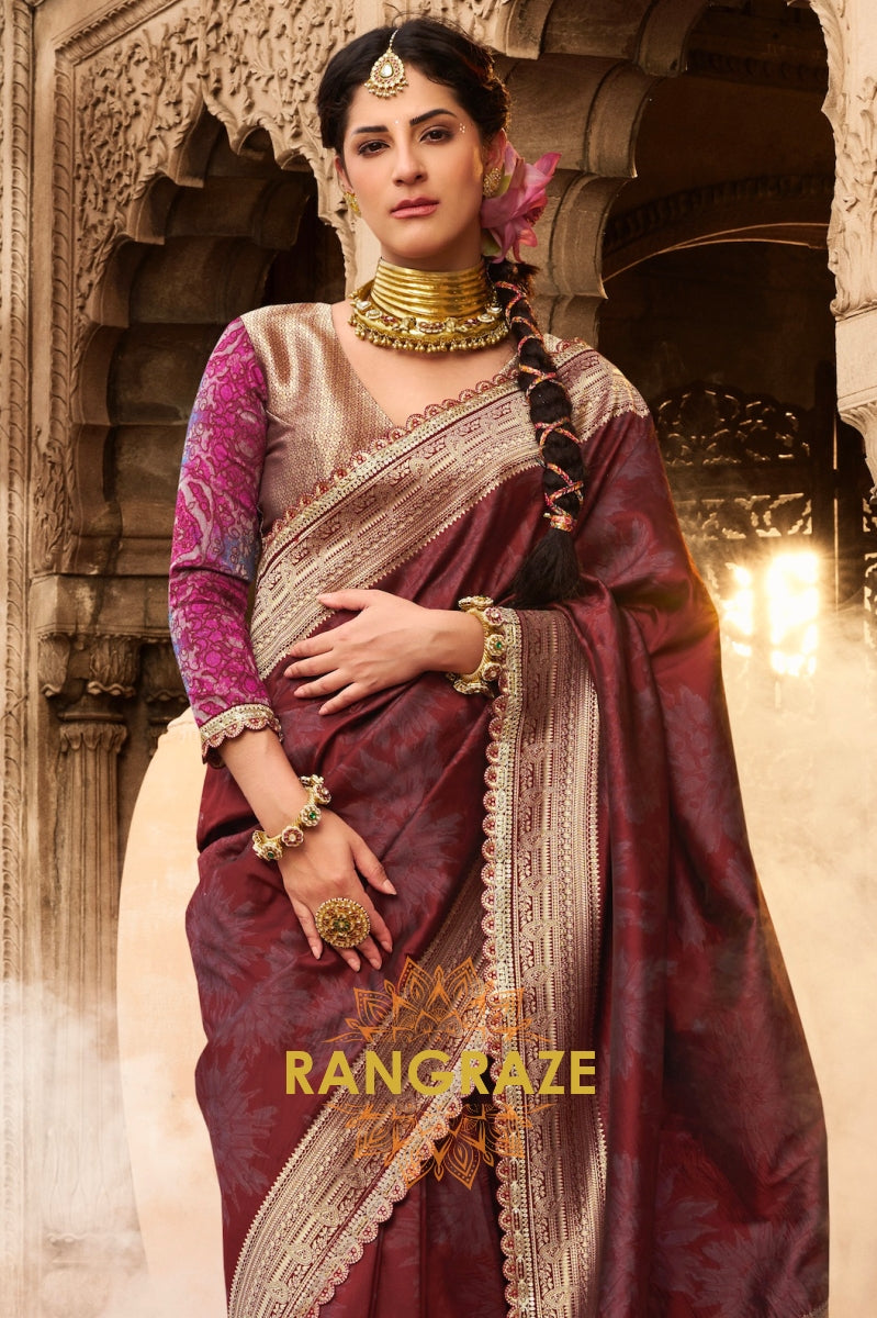 Crimson Wine Banarasi Silk Saree with Gold Zari Highlights and Designer Blouse