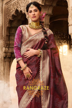 Crimson Wine Banarasi Silk Saree with Gold Zari Highlights and Designer Blouse