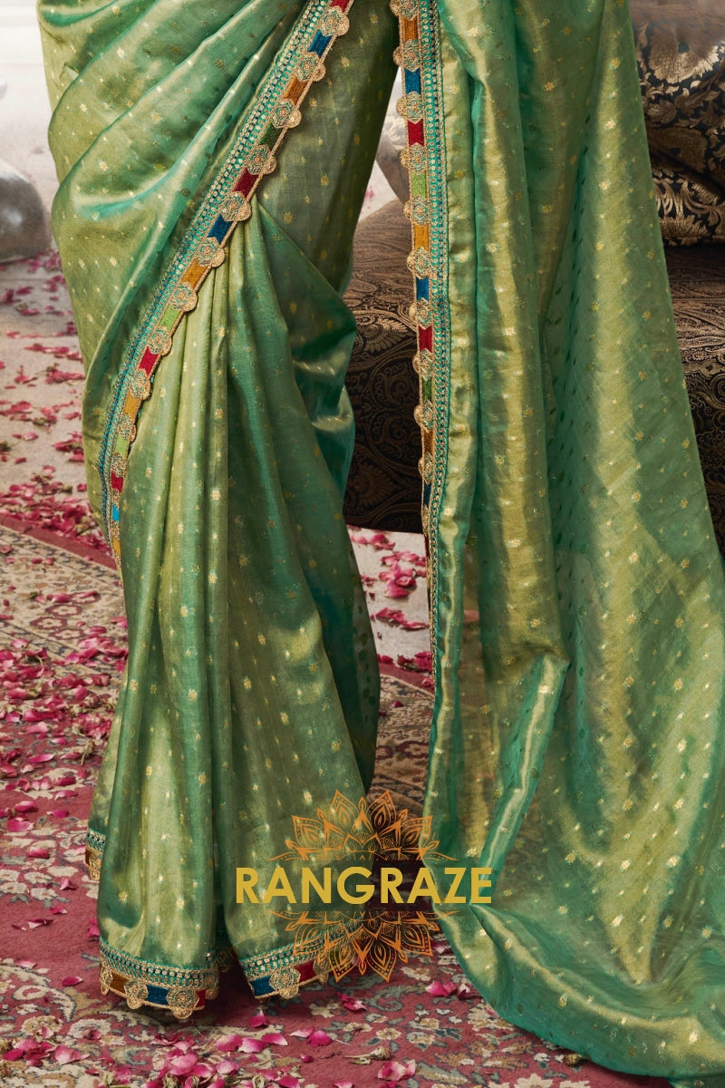 Emerald Green Glow Tissue Saree with Multicolor Lace and Designer Blouse