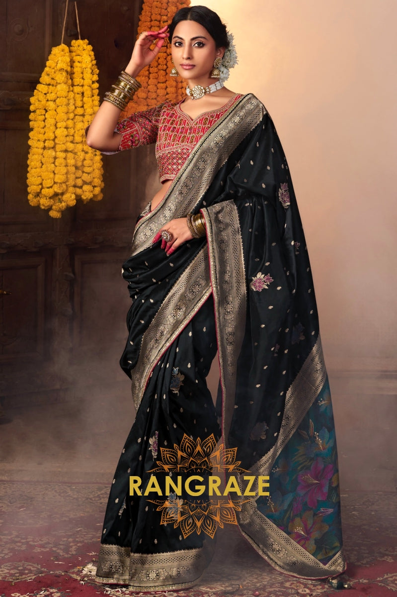 Elegant Black Banarasi Silk Saree with Antique Gold Zari Border and Intricate Designer Blouse