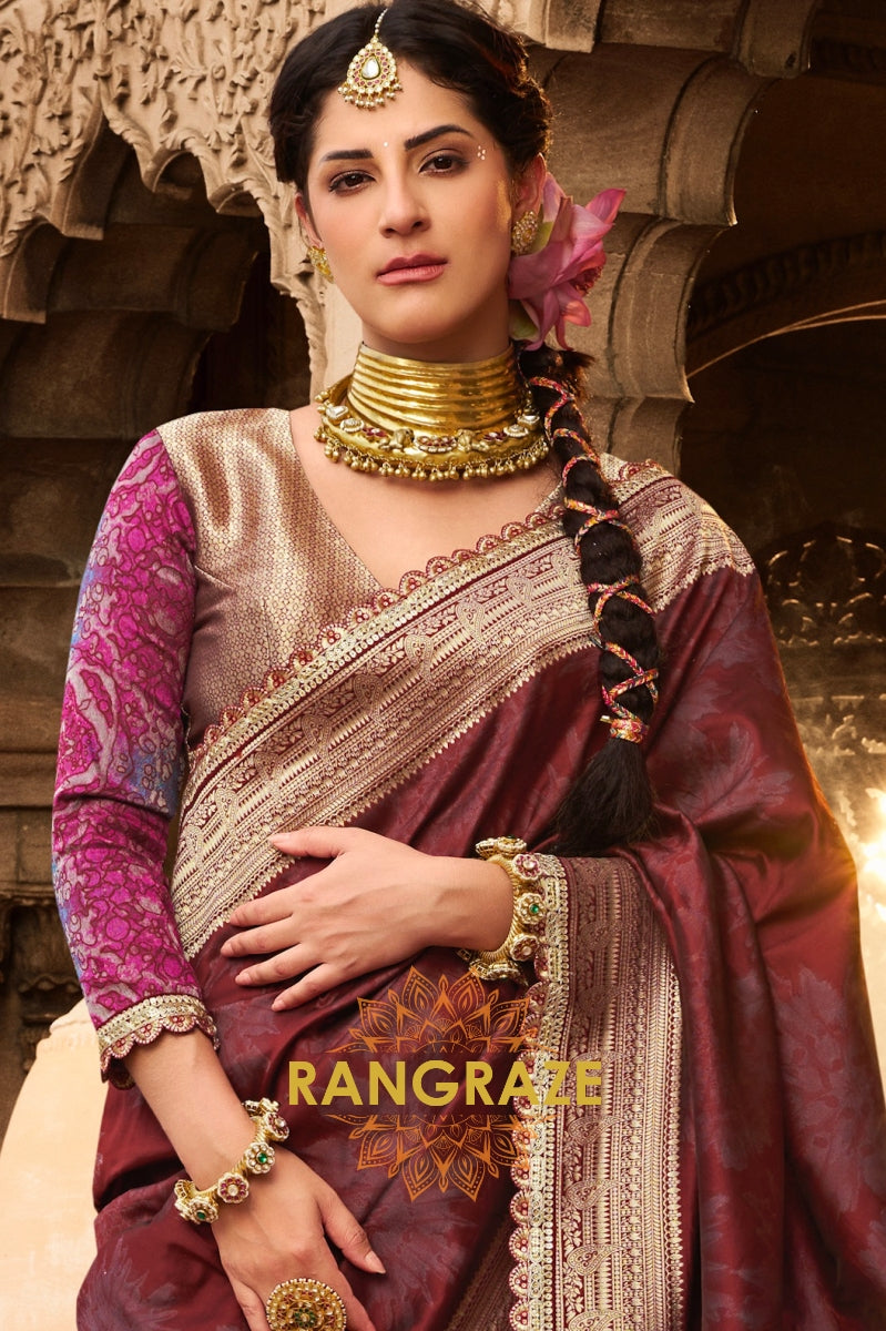 Crimson Wine Banarasi Silk Saree with Gold Zari Highlights and Designer Blouse