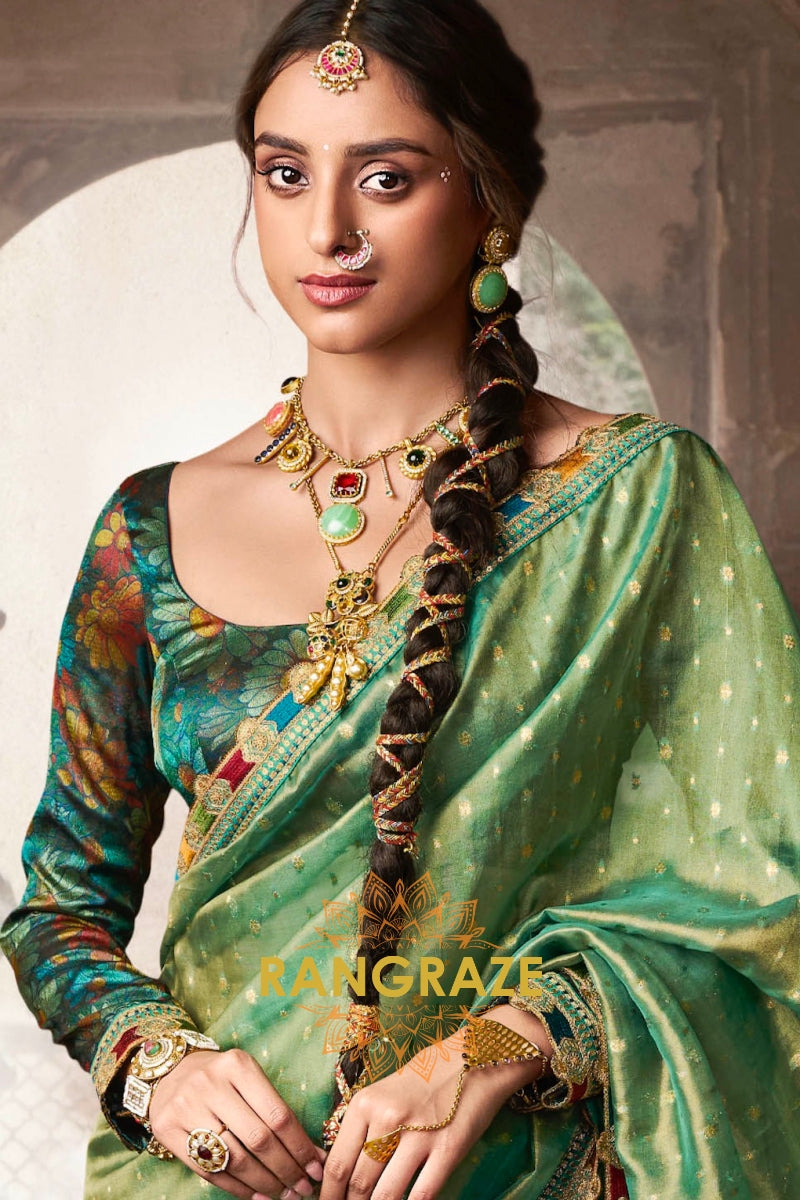 Emerald Green Glow Tissue Saree with Multicolor Lace and Designer Blouse