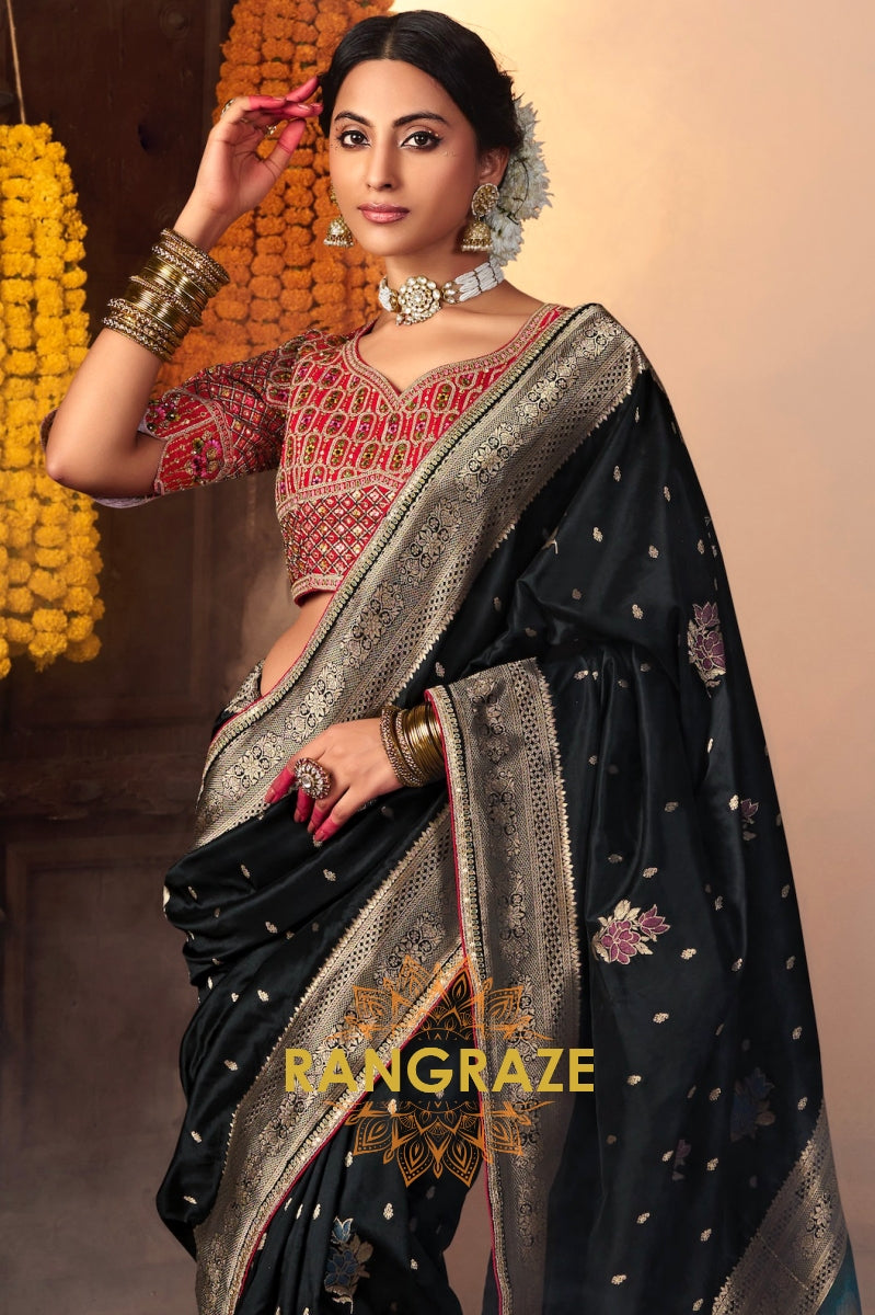 Elegant Black Banarasi Silk Saree with Antique Gold Zari Border and Intricate Designer Blouse