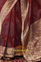 Crimson Wine Banarasi Silk Saree with Gold Zari Highlights and Designer Blouse