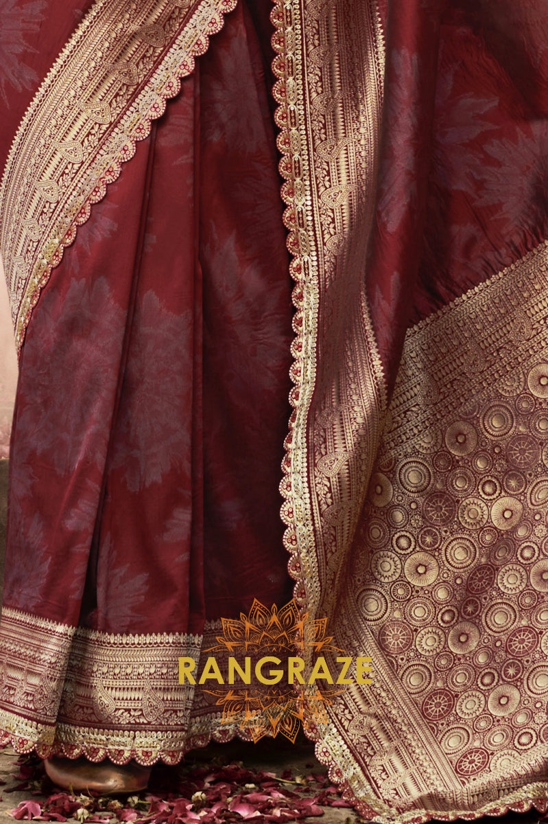 Crimson Wine Banarasi Silk Saree with Gold Zari Highlights and Designer Blouse