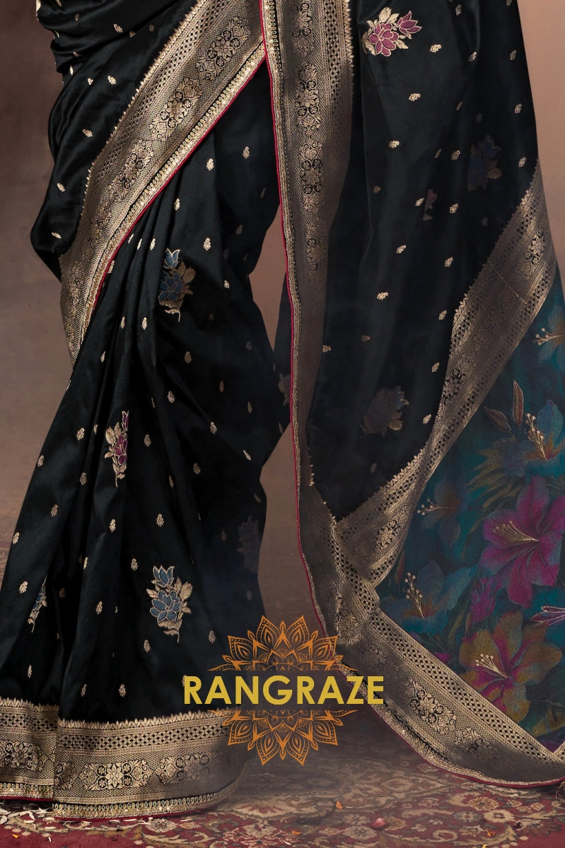 Elegant Black Banarasi Silk Saree with Antique Gold Zari Border and Intricate Designer Blouse