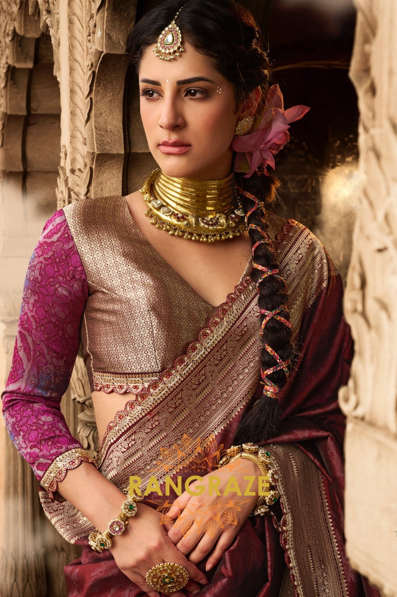 Crimson Wine Banarasi Silk Saree with Gold Zari Highlights and Designer Blouse