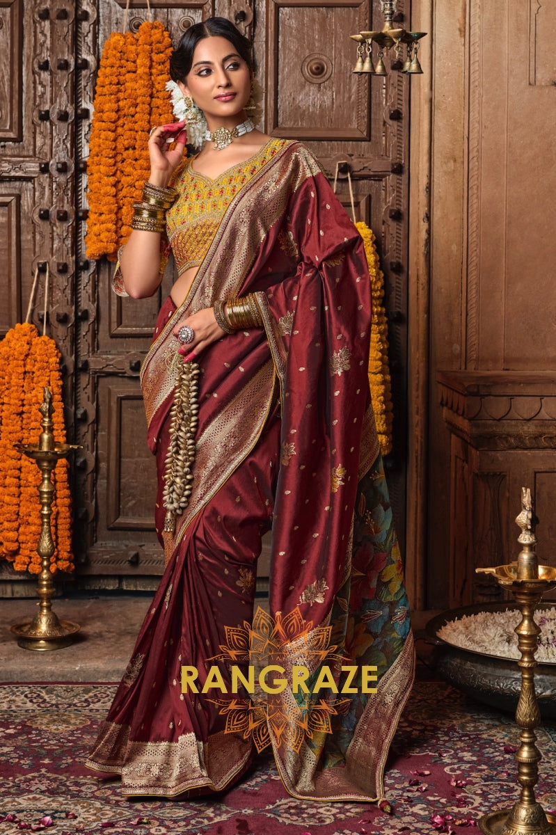 Maroon Banarasi Silk Saree with Embellished Gold Zari Border and Designer Blouse