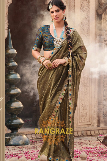 Olive Gold Tissue Saree with Multicolor Lace and Royal Embroidered Blouse