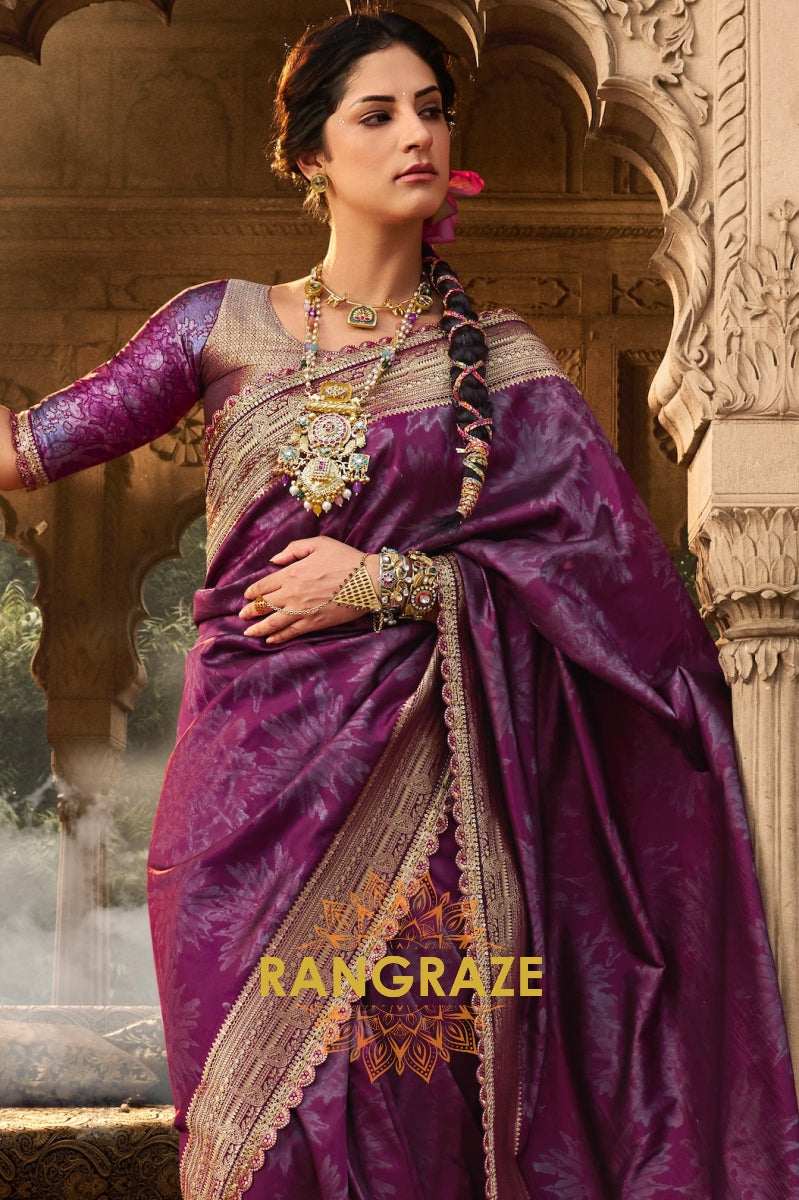 Majestic Plum Banarasi Silk Saree with Ornate Zari Border and Designer Blouse