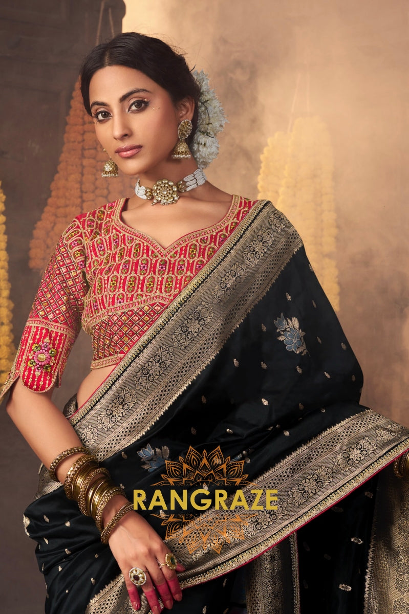 Elegant Black Banarasi Silk Saree with Antique Gold Zari Border and Intricate Designer Blouse